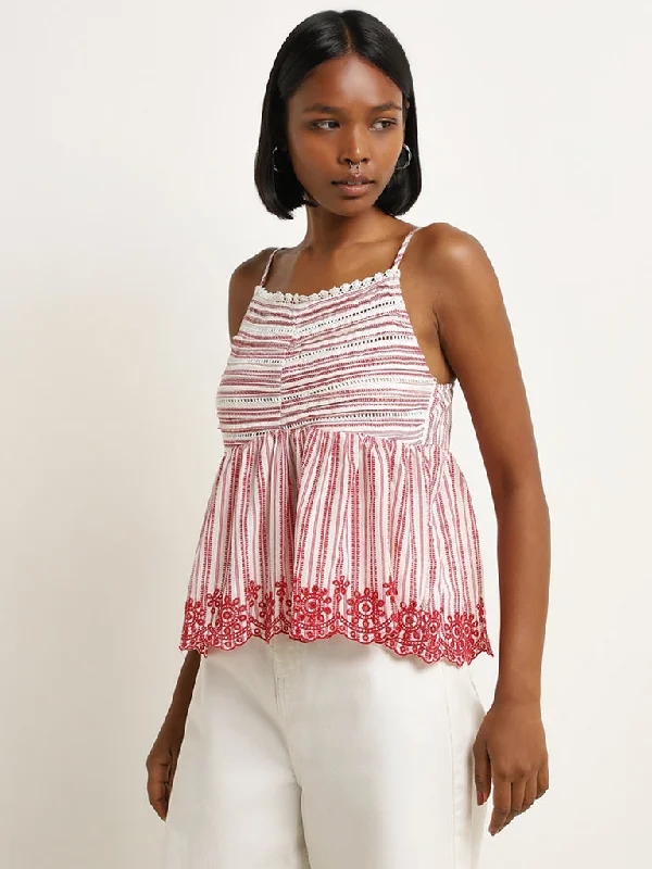 Super Sale Bombay Paisley Red Stripe Printed Cotton Blend Top