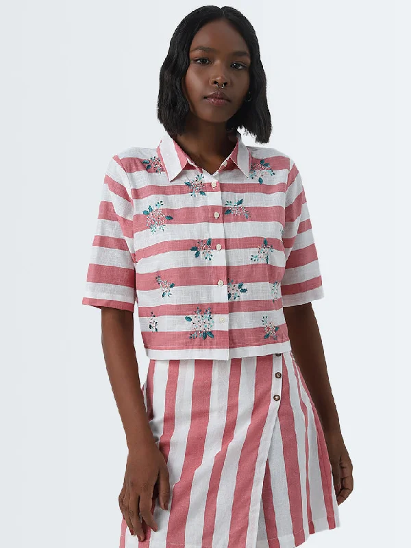 Year-End Clearance Bombay Paisley Coral Stripe Patterned Cotton Shirt