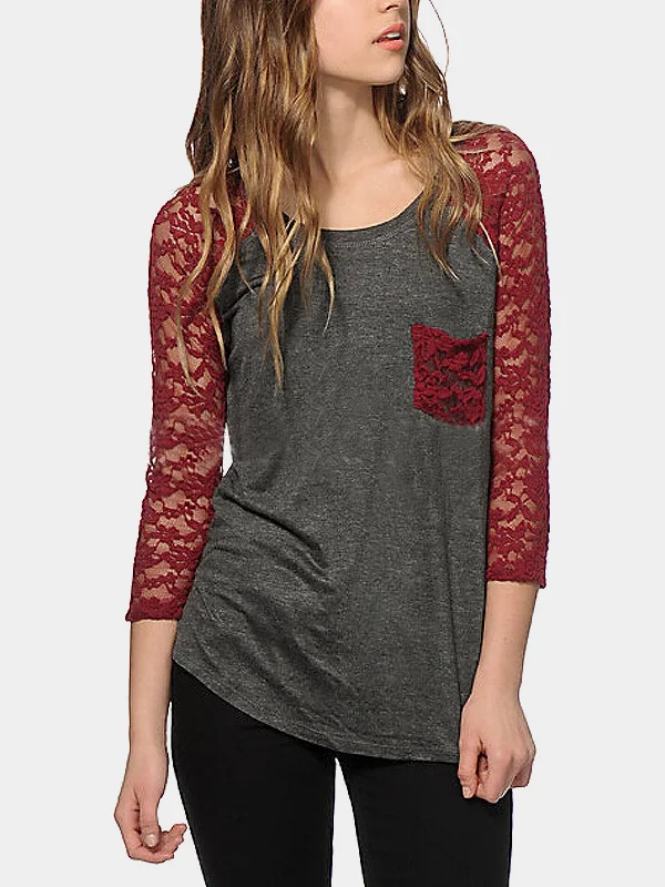 Exclusive Offers Wholesale Round Neck Lace 3/4 Length Sleeve Red Top
