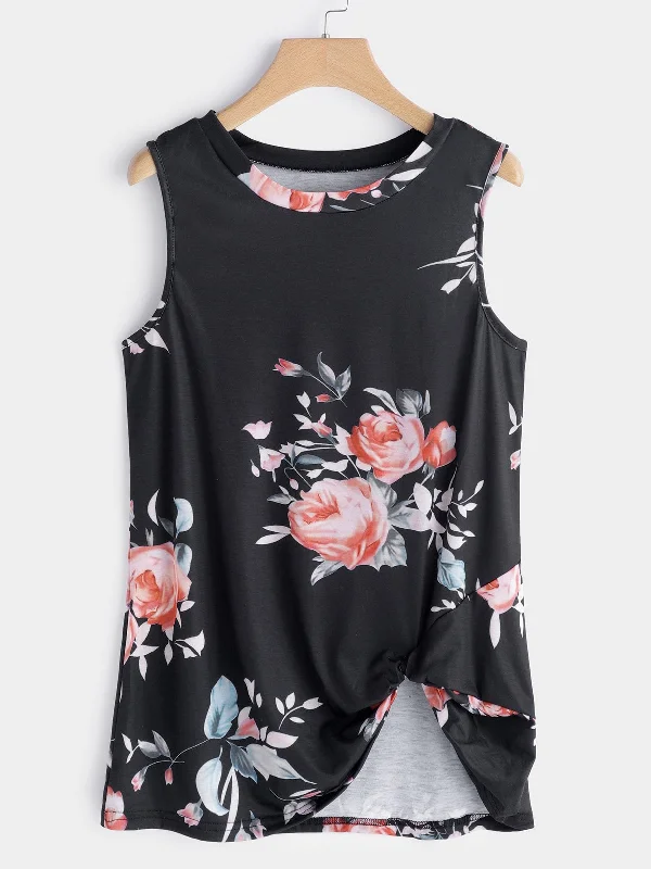 Instant Savings Custom Round Neck Floral Print Crossed Front Sleeveless Irregular Hem Tank Top