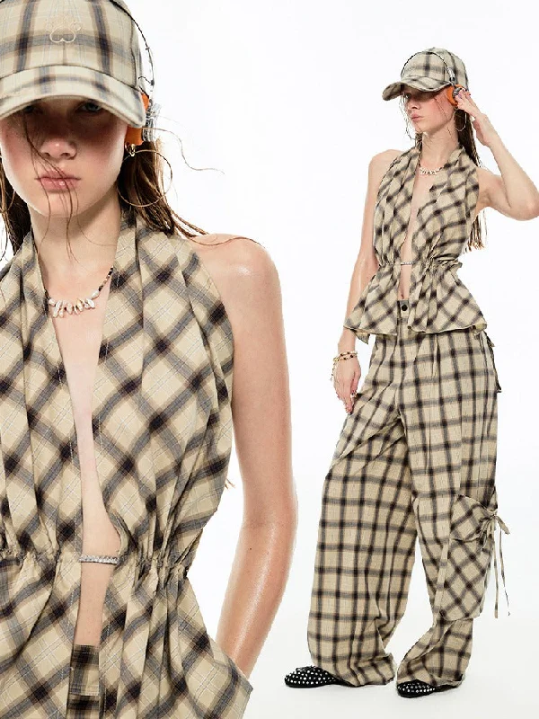 TIME-Limited Offer Multilayer Gradient Plaid Halter Backless Tops [S0000009144]