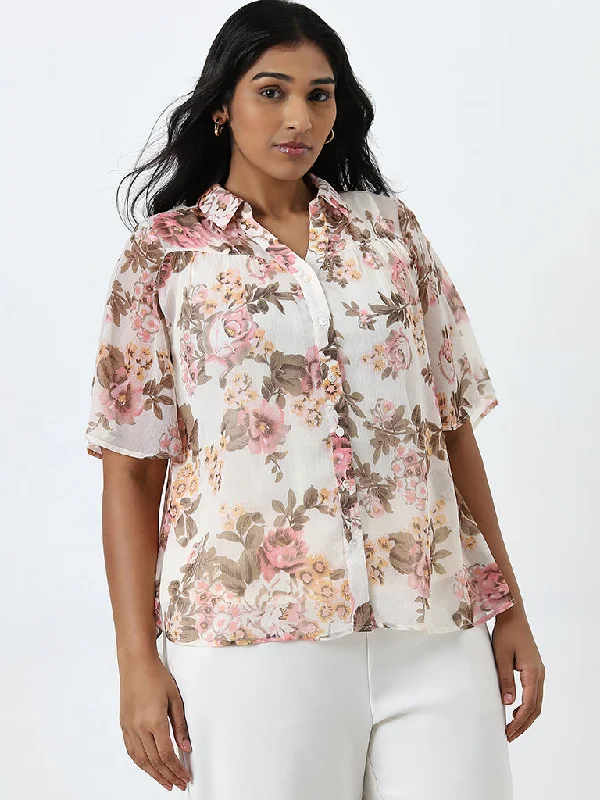 Mega Deal Gia Cream Floral Printed Shirt with Camisole