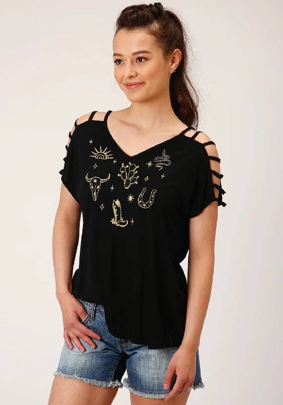 Hurry In Roper Womens Black Poly/Rayon Cold Shoulder S/S Strappy T-Shirt