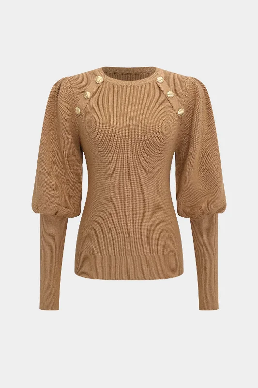 Get It Before It’s Gone Knit Gold Button Gigot Sleeve Long-Sleeve Top