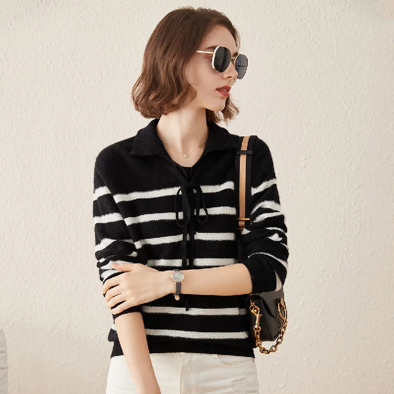 Amazing Value 100% Cashmere Striped Lace-up Collar Sweater