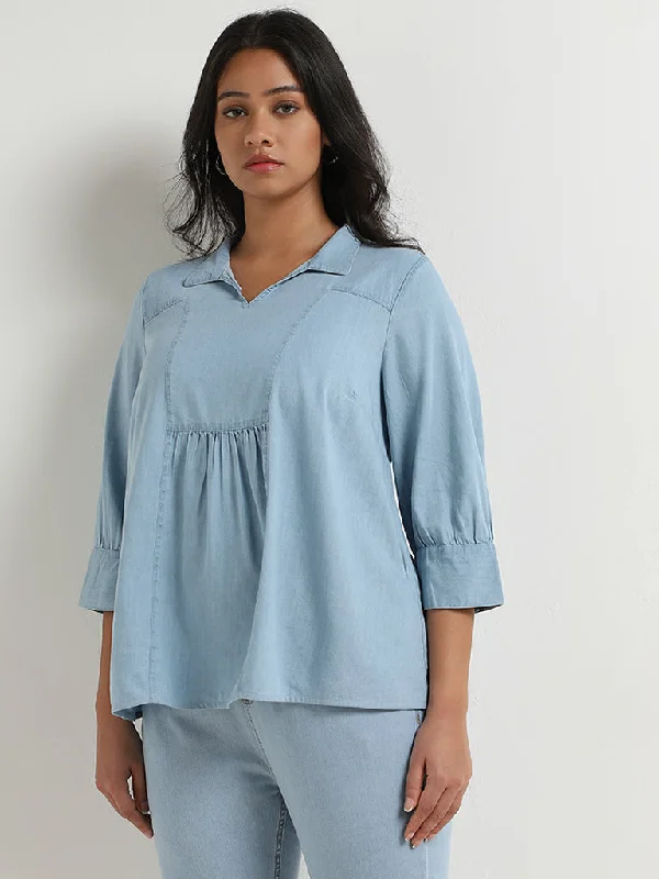 Blowout Sale Gia Light Blue Chambray Cotton Blouse