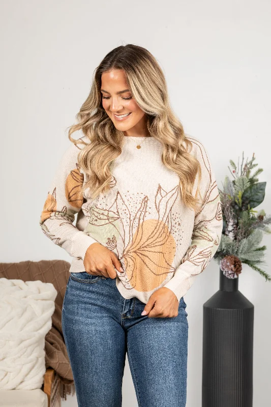 Fantastic Deals Oatmeal Flower Detail Boat Neck Knit Sweater