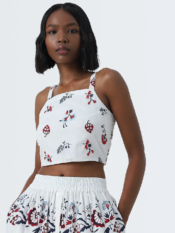 Weekend Savings Fiesta Bombay Paisley White Floral Embroidered Cotton Crop Top