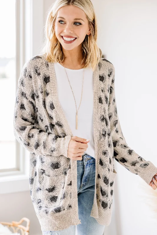 Can't Be Beat Let's Get Crazy Taupe Gray Leopard Cardigan