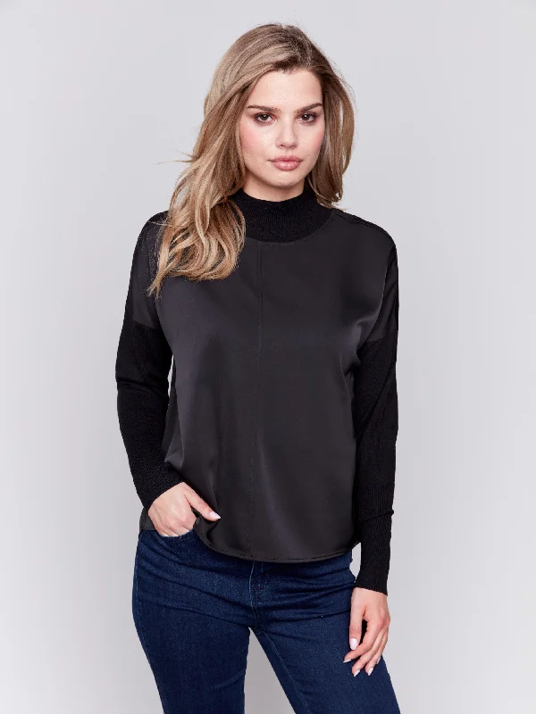 Weekend Shopping Made Better Satin Knit Top with Mock Neck - Black