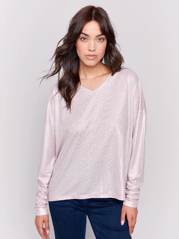 Shop and Save Foiled Knit Top with V-Neck - Quartz