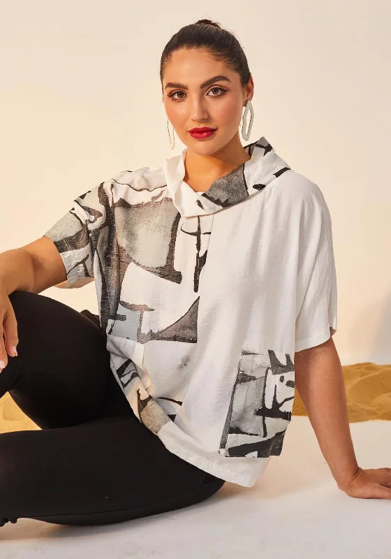 Big Deal Ora Cowl Neck Printed Oversize Top, Black & White