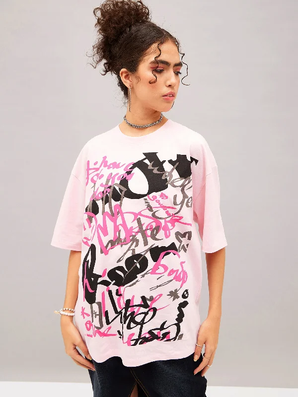 The Best Prices Women Pastel Pink Abstract Print Oversized T-shirt