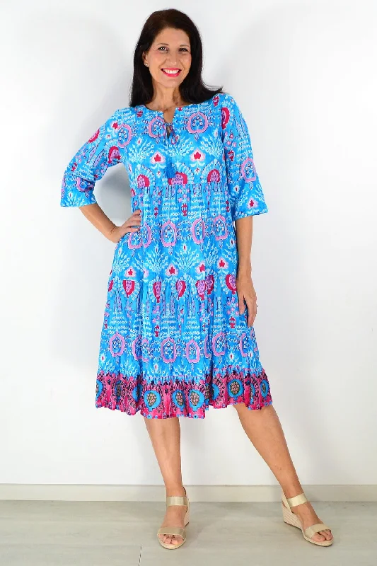 Time-Limited Offer Rebecca Blue Tie Neck Midi Dress Tunic