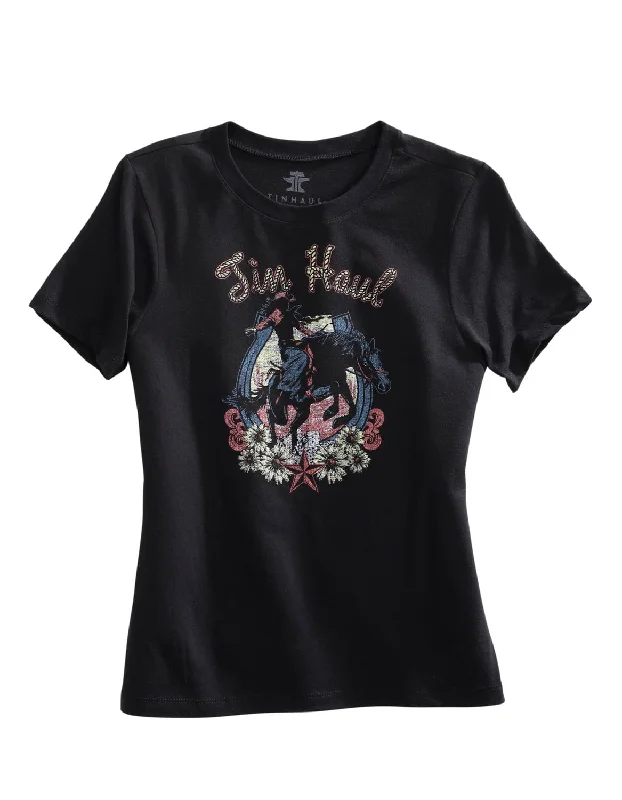 Deal of the Week Tin Haul Womens Black Cotton Blend Lady Bronc S/S Horseshoe T-Shirt