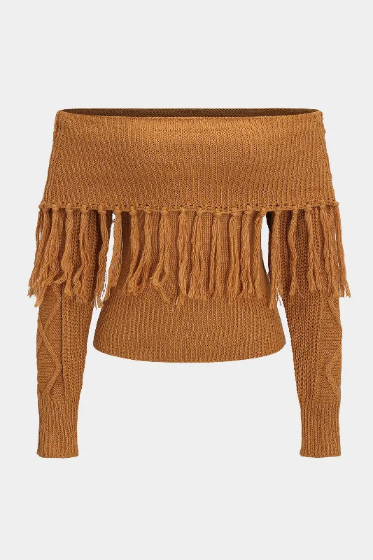 Special Promotion Sweater Fringe Off-Shoulder Top