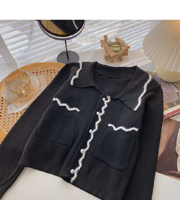 Weekend Wonders Await! Niche design retro color blocking wave edge Lapel long sleeve top  6674