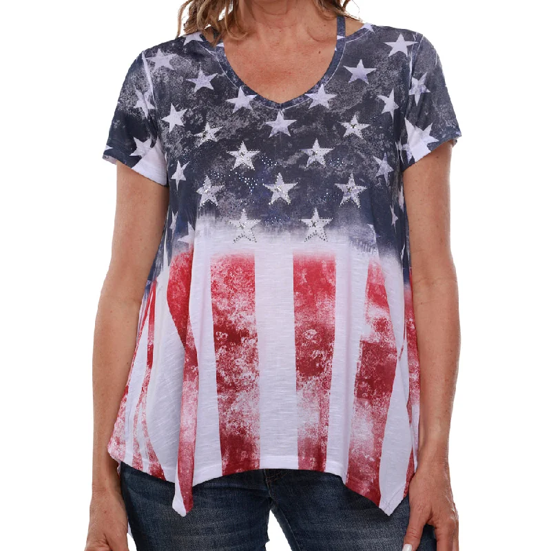 Online Only Women's Made in USA American Flag with Rhinestones Stars Shirt