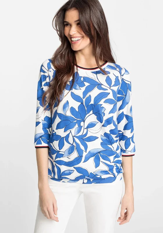 Reduced Rates Olsen Leaf Print Ribbed Neck T-Shirt, Blue Multi