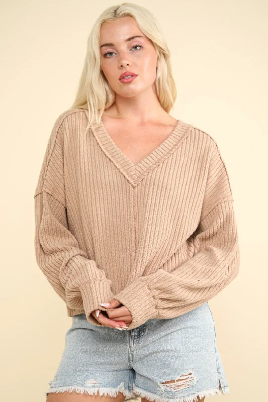Super Savings VERY J Exposed Seam V-Neck Ribbed Knit Top
