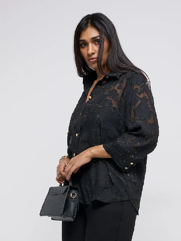 Stock Up Gia Black Floral Design Shirt with Camisole