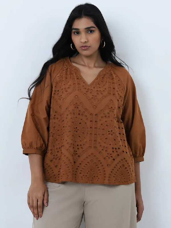 Price Slash Gia Brown Schiffli-Detailed Cotton Top
