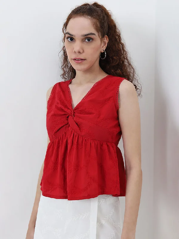 Unbeatable Prices Bombay Paisley Red Leaf Embroidered Ruched Cotton Top