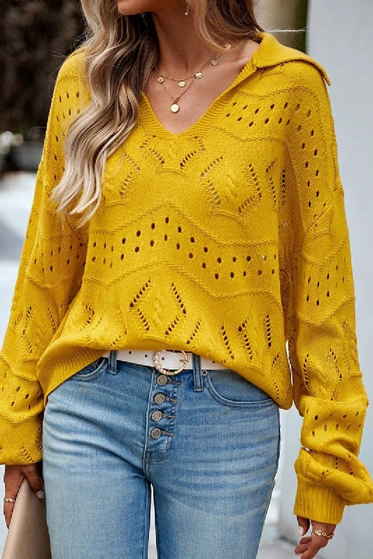 Unbeatable Prices WOMEN EYELET KNITTED POLO NECK SWEATER