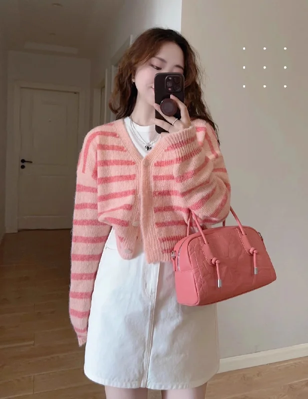 Final Sale V-neck pink striped knitted cardigan jacket women's spring and autumn new sweater S3385 Final Sale V-neck pink striped knitted cardigan jacket women's spring and autumn new sweater S3385