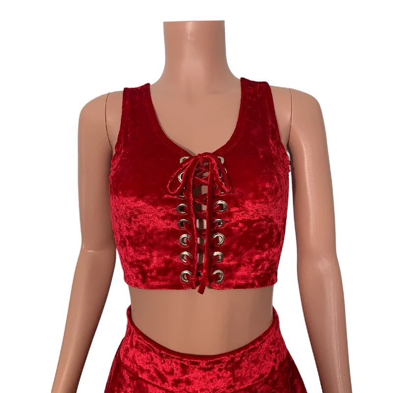 Weekend Savings Spectacular Lace-Up Crop Top - Red Crushed Velvet