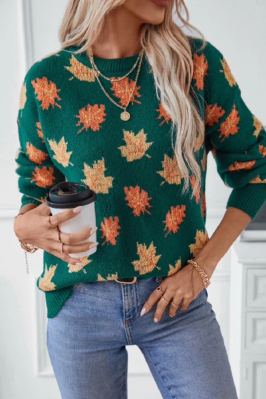 Anniversary Sale Evergreen Maple Leaf Pattern Pullover Sweater
