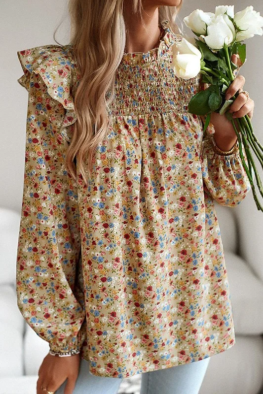Inventory Reduction WOMEN FRLL SHOULDER ELASTIC CUFF FLORAL BLOUSE