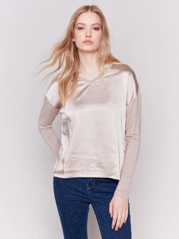 Weekend Deals That Thrill Satin and Jersey V-Neck Knit Top - Almond