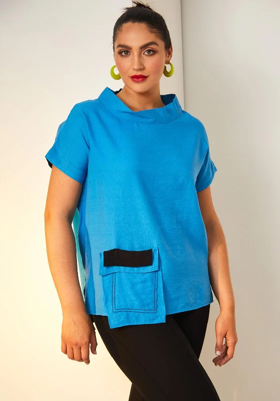 Early Bird Discount Ora Patch Pocket High Neck Top, Blue Jewel