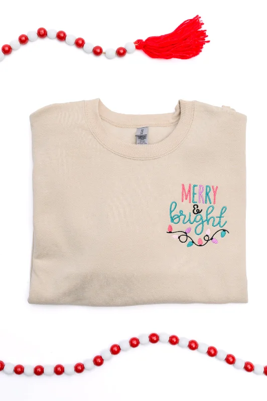 Deal Zone PREORDER: Merry & Bright Embroidered Sweatshirt in Sand