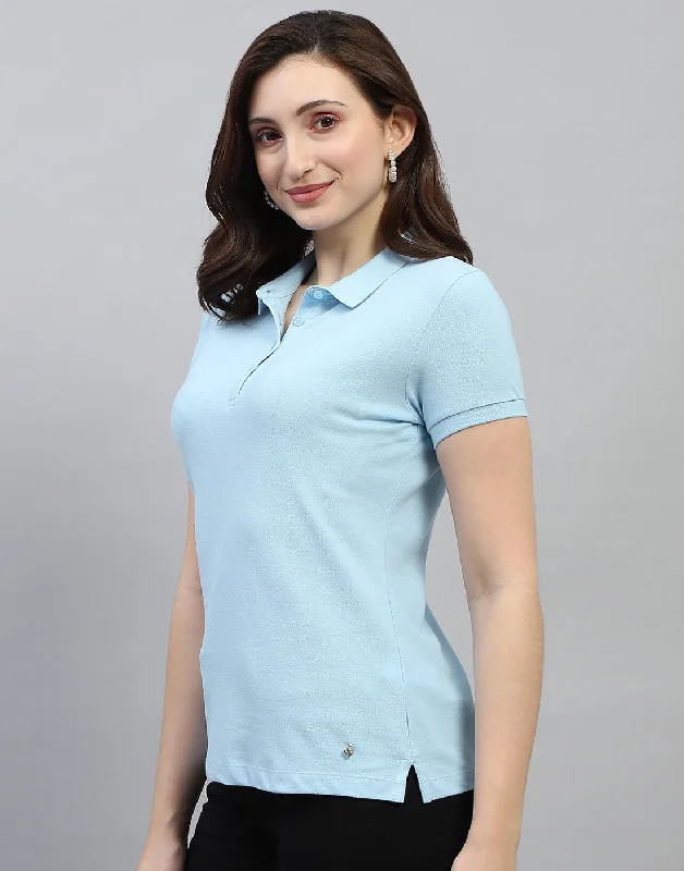 Price Rollback Women Sky Blue Solid Polo Collar Half Sleeve T Shirt