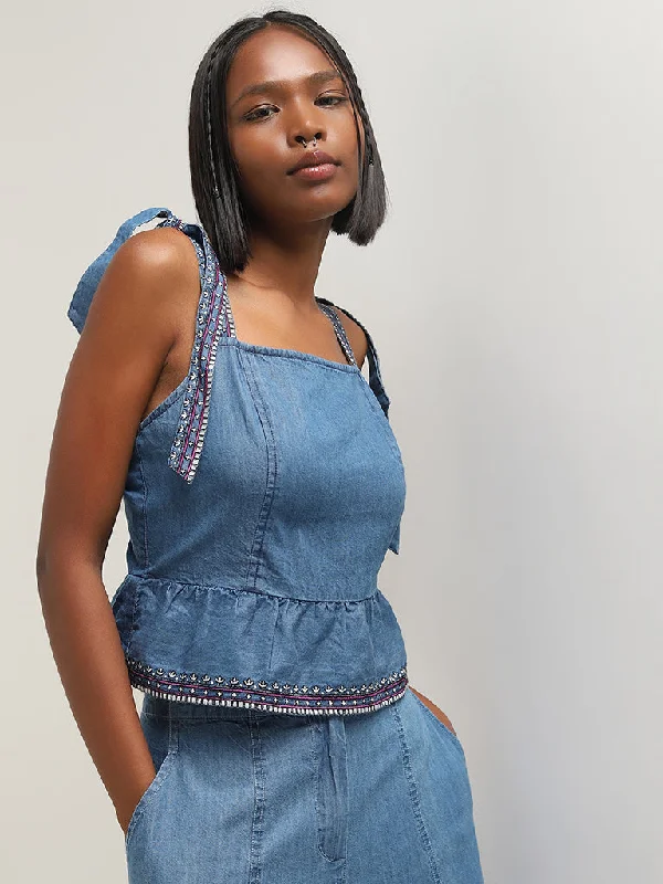 Weekend Deals That Dazzle Bombay Paisley Blue Peplum Denim Top