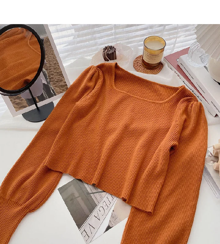 Hurry In Simple solid color square neck long sleeve short top  6679