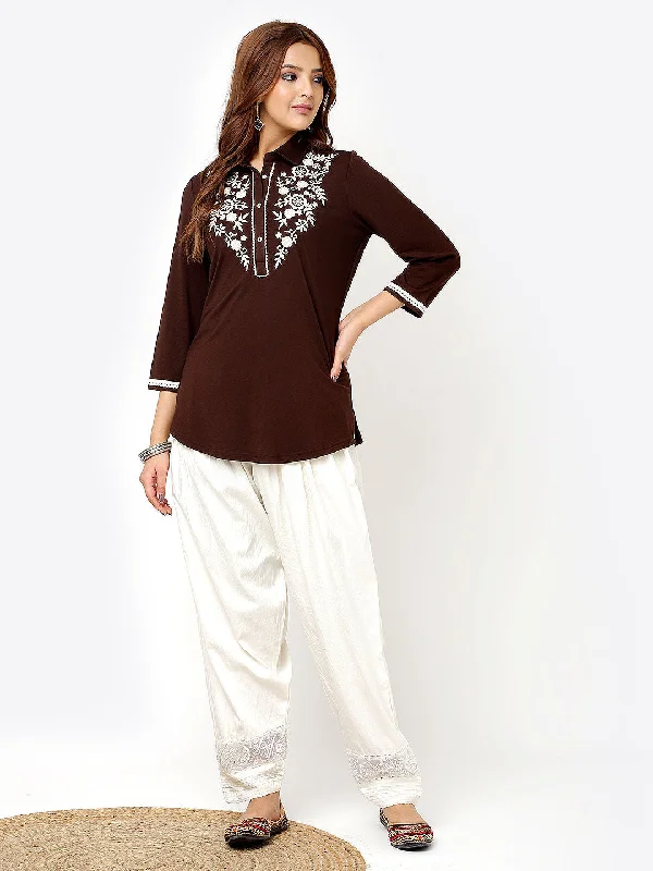 Today's Deal Brown Stretchable Kurti for Women with Threadwork and Lace Work