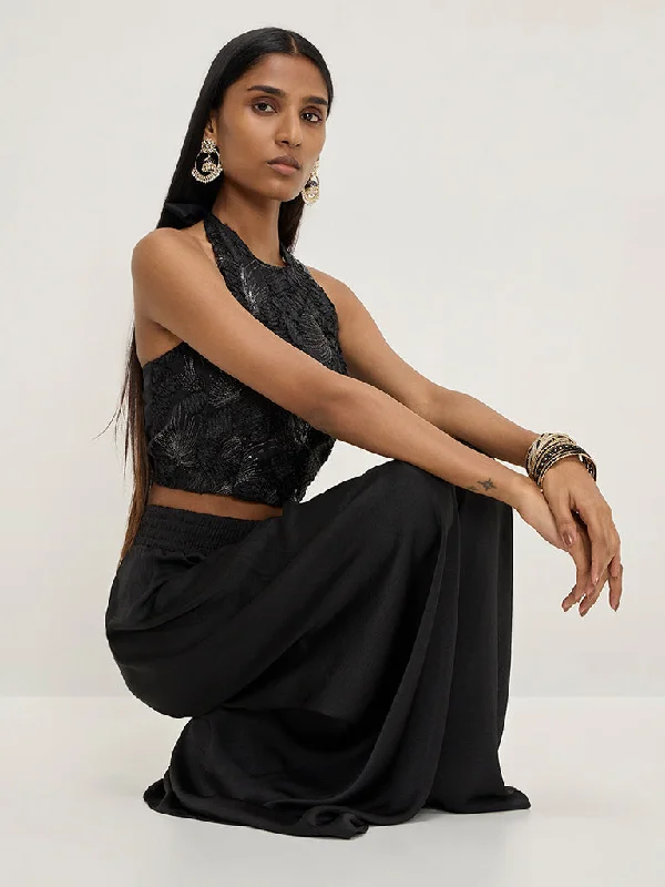 Early Access Vark Black Floral Embellished Halter Neck Top