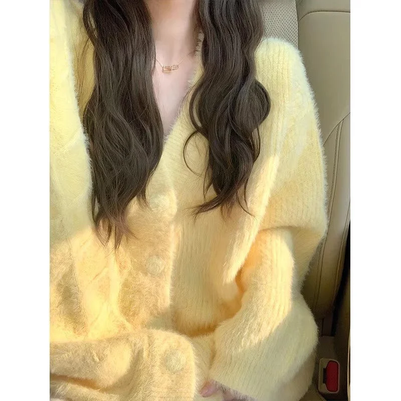 Price Break Yellow V-neck knitted cardigan women's sweater jacket tops      S3401