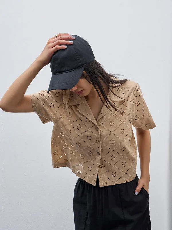 Hurry In Bombay Paisley Beige Schiffli Design Cotton Shirt