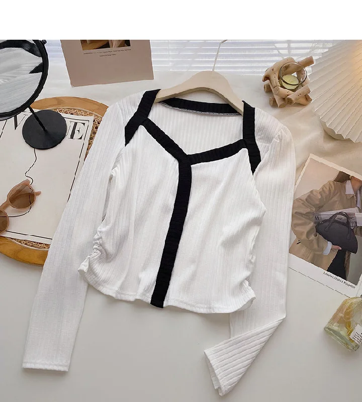 Daily Specials Long sleeve sweater women's design color blocking square neck short top  6691