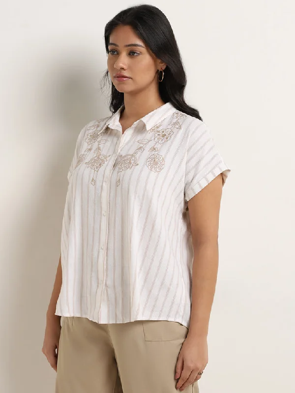 Weekend Offers That Tempt Gia White & Beige Stripe Printed Cotton Blend Shirt