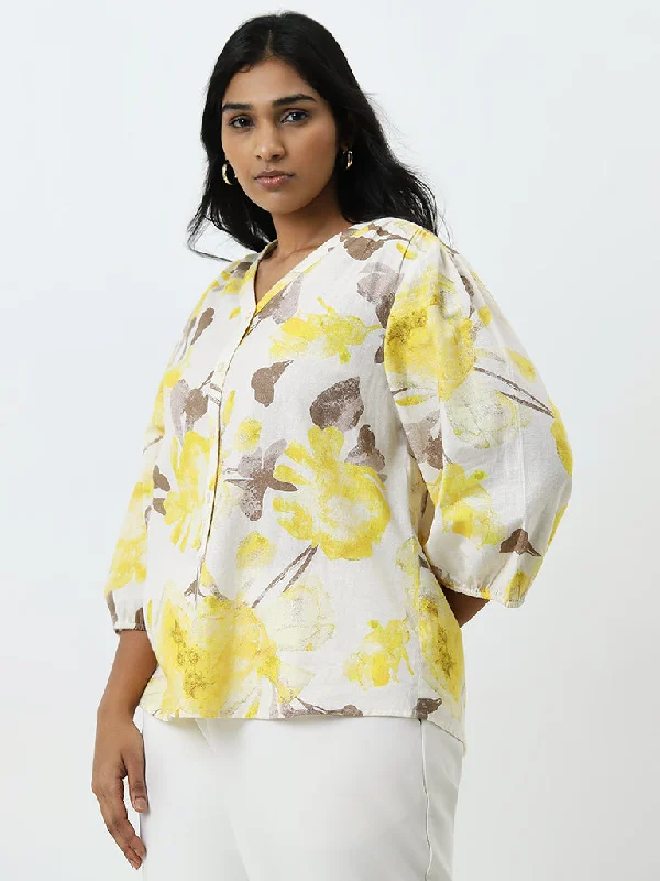 Epic Deals Gia Yellow Floral Printed Cotton Blend Blouse