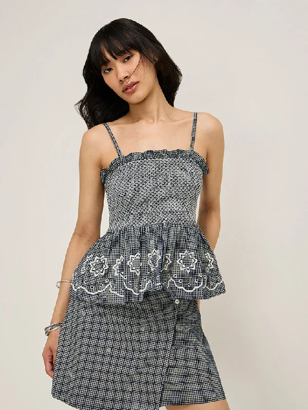 Extra Discount Bombay Paisley Navy Checkered Smocked Cotton Top