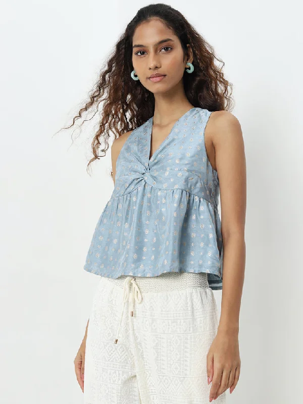 Weekend Offers That Dazzle Bombay Paisley Light Blue Embellished Knot-Detailed Top