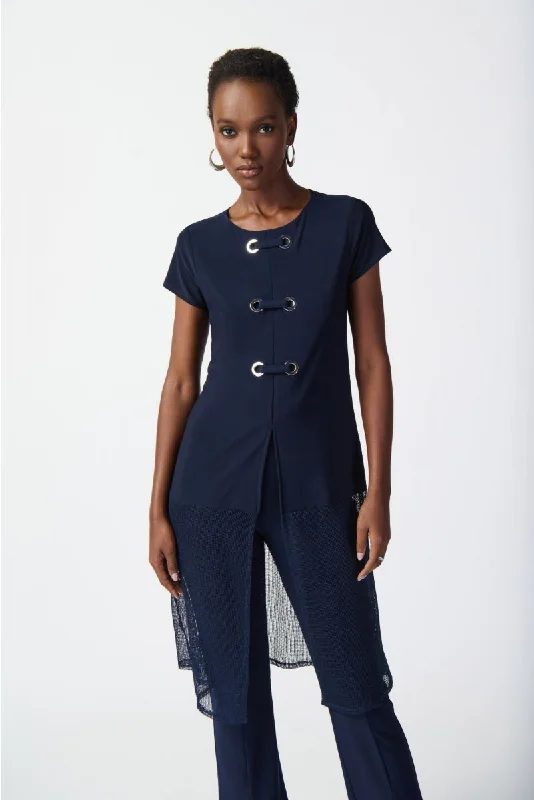 Price Reduction Joseph Ribkoff Eyelet and Mesh Detail Short Sleeves A-Line Tunic Top 241142