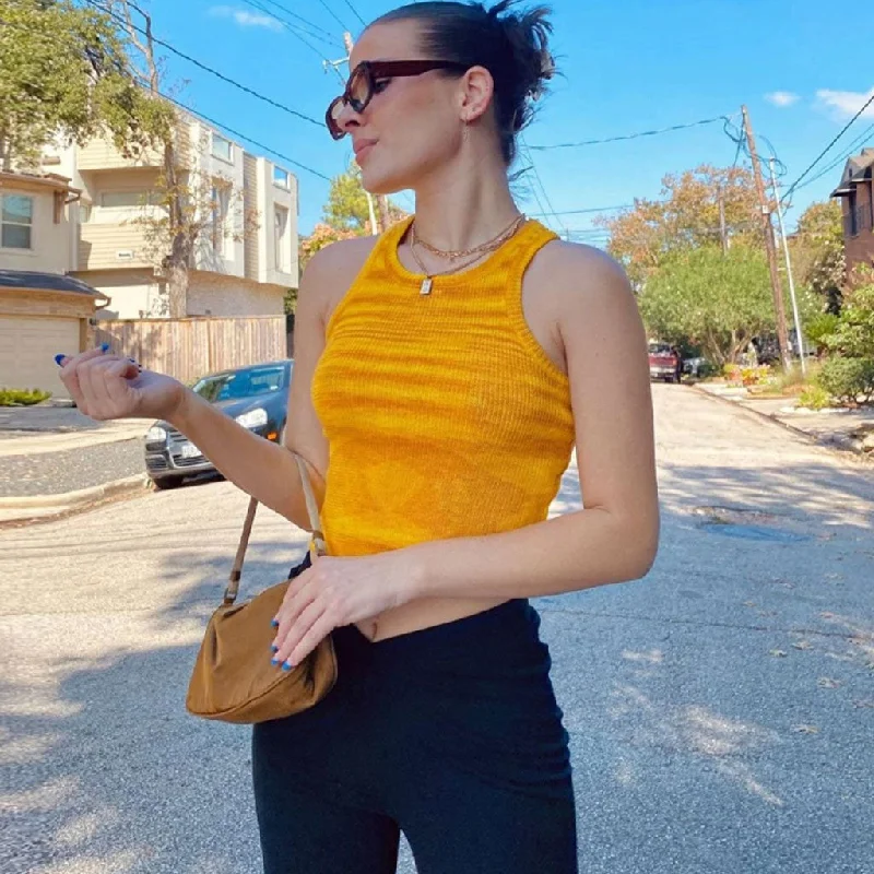 Buy More, Save More Vibrant Gradient Sunset Crew Neck Rib Knit Crop Tank Top - Yellow