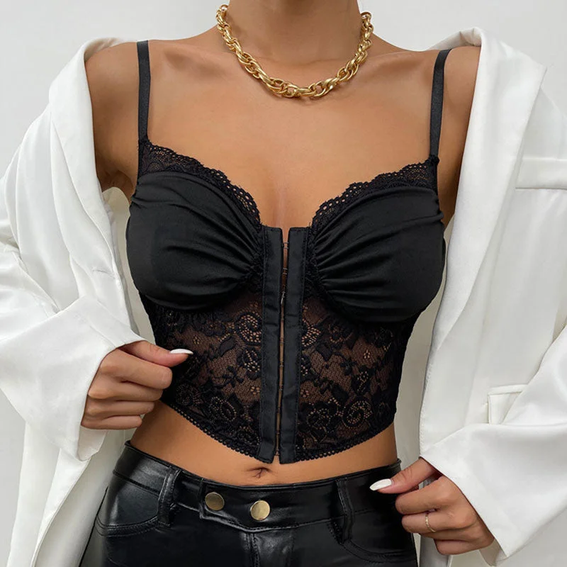 Super Deal Romantic Bustier Hook and Eye Cropped Sheer Floral Lace Top - Black
